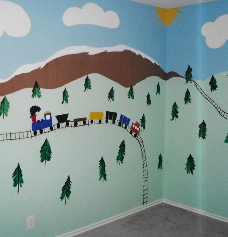 Painting Colorful Trains through the Colorado Rockies for my son’s Bedroom